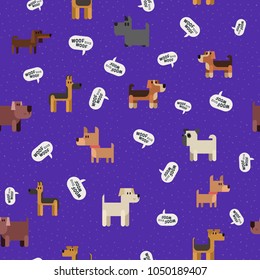 Seamless background with dogs and speech bubble. Flat vector illustration