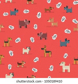 Seamless background with dogs and speech bubble. Flat vector illustration
