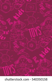 seamless background of dolls, toys, candy, baby dishes, funny, freehand drawing