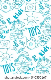 seamless background of dolls, toys, candy, baby dishes, funny, freehand drawing