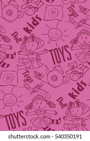 seamless background of dolls, toys, candy, baby dishes, funny, freehand drawing