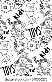 seamless background of dolls, toys, candy, baby dishes, funny, freehand drawing