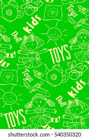 seamless background of dolls, toys, candy, baby dishes, funny, freehand drawing