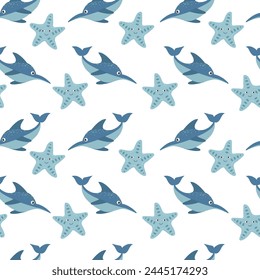 Seamless background with dolphins. Trendy dolphin pattern for wrapping paper, wallpaper, stickers, notebook cover and other designs.