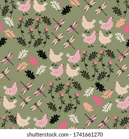 seamless background with domestic bird and flowers, vector design for paper, fabric