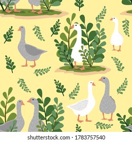 Seamless background with domestic birds. White and gray geese in the poultry yard. Pets on the farm. Cute vector cartoon illustration for children.