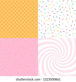 Seamless background with donut and ice cream glaze, confetti, waffle. Decorative bright sprinkles texture pattern design set