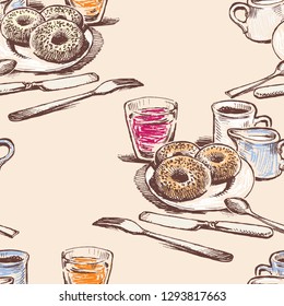 Seamless background of donuts and drinks for a breakfast