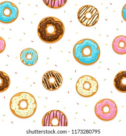 Seamless background with donuts with glaze and colorful sprinkles isolated on white background, illustration.