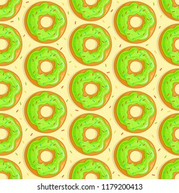 Seamless background with donuts with green glaze and colorful sprinkles on yellow background, illustration.