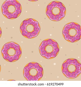 Seamless background with donuts. Donuts on a beige background. Vector illustration. Seamless texture.