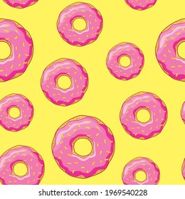 Fondo inmaculado con donuts con acristalamiento rosa sobre fondo amarillo. Dibujo vectorial con donuts para ropa, papel de envoltura, menú.