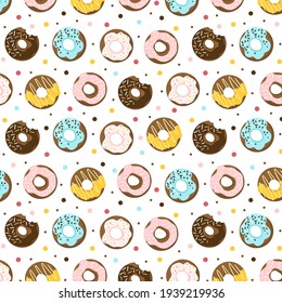 Fondo sin costura con donuts, dulces. Perfecto para fondos de pantalla, papel de regalo, patrones, fondos de páginas web, tarjetas de felicitación, empaque, libro infantil. Ilustración vectorial.