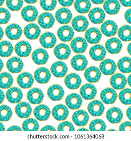 Seamless background of donuts with turquoise glaze and multicolored powder