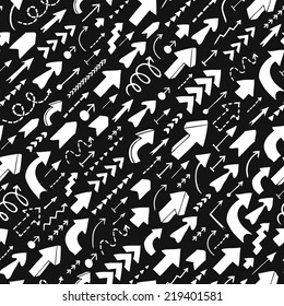 Seamless background of doodle arrows on black background. Diagonal direction of movement. 