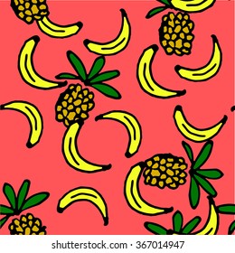 Seamless background with doodle banana. Tropical pattern with fresh banana vector background. retro single sketch  with doodle hand drawn polka dot triangle pattern