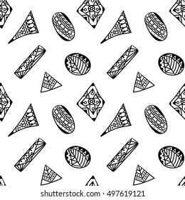 Seamless background with doodle beads. Magic pattern for web pages, greeting cards, holiday decoration, gift wrapping and more. Black outlines on white.