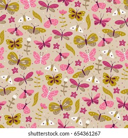 Seamless Background with Doodle Butterfly.