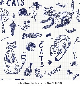 Seamless background with doodle cats and animals