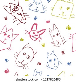 Seamless background with Doodle cats. Vector pattern with children's pattern. For Wallpaper designs in the nursery, children's clothes and accessories. Hand drawing.