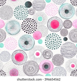 Seamless background with doodle circles randomly distributed, vector abstraction illustration with watercolors textures.