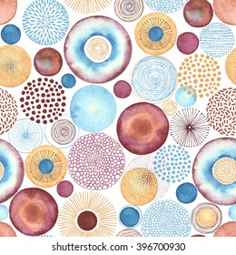 Seamless background with doodle circles randomly distributed, vector abstraction colorful illustration with watercolor texture.
