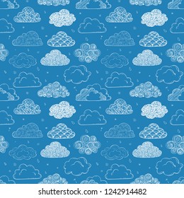 Seamless background with doodle clouds on blue. Can be used for wallpaper, pattern fills, textile, web page background, surface textures