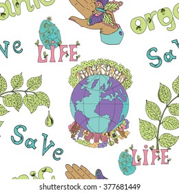 Seamless background with doodle eco icons: globe, egg, human hand, butterfly, letters.  Hand drawn line art symbols, green world concept, environment protection theme