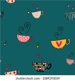 seamless background doodle hand drawing set of coffee cups in different pattern designs on green background