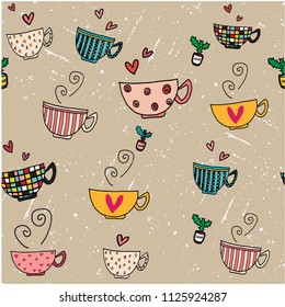 seamless background doodle hand drawing set of coffee cups in different designs on grunge brown background