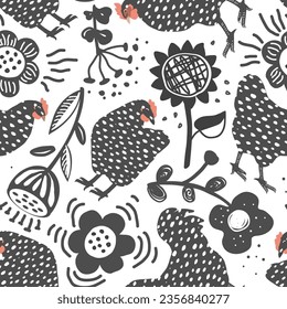 Seamless background of doodle hand drawn flowers, roosters, and hens. Vector illustration