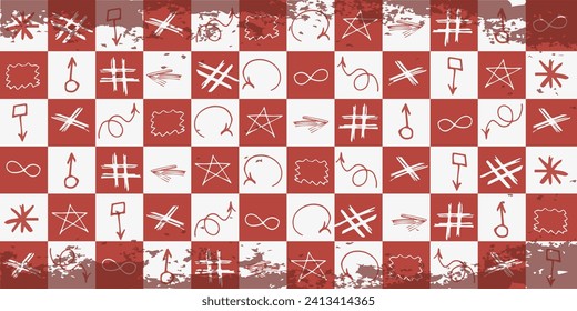 Seamless background with Doodle Hand Drawn elements on trendy Geometric checkboard Grunge backdrop. Doodle brush collection. Arrow, grid and underline. Vector illustration. Retro textured EPS 10