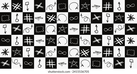 Seamless background with Doodle Hand Drawn elements on trendy Geometric checkboard backdrop. Doodle brush collection. Arrow, grid and underline. Vector illustration. EPS 10