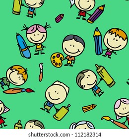Seamless background of doodle happy children with pen, pencil and paintbrush