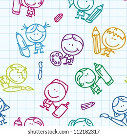 El fondo sin inconvenientes de los niños con doodle con lápiz, lápiz y pincel en papel escolar