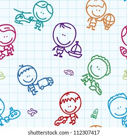 Sensación perfecta de niños felices con doodle con juguetes de transporte en papel escolar
