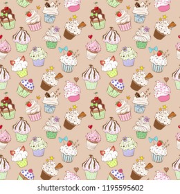 Seamless background with doodle sketch cupcakes on brown background