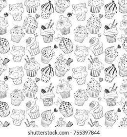 Seamless background with doodle sketch cupcakes on white background