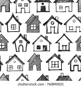 Seamless background with doodle sketch houses. Vector illustration.