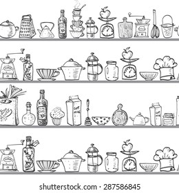 Seamless background with doodle sketch kitchen utensils on shelves