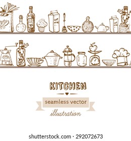Seamless background with doodle sketch kitchen utensils on shelves