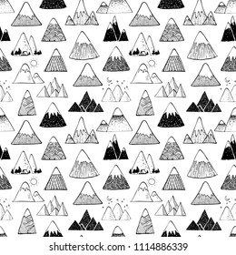 Seamless background with doodle sketch mountains on white background. Can be used for wallpaper, pattern fills, textile, web page background, surface textures