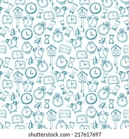 Seamless background with doodle sketch watches and other time symbols. Hand-drawn illustration. 