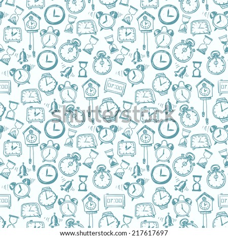 Seamless background with doodle sketch watches and other time symbols. Hand-drawn illustration. 