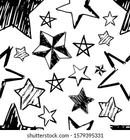Seamless background of doodle stars. Black hand drawn stars on white background. Vector illustration