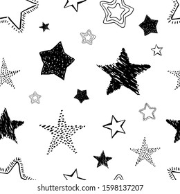 Seamless background of doodle stars. Black hand drawn stars on white background. Vector illustration