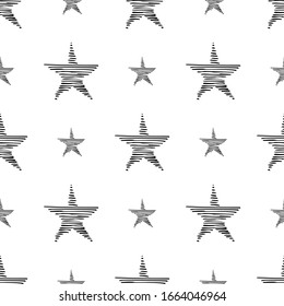 Seamless background of doodle stars. Black hand drawn stars on white background. Vector illustration