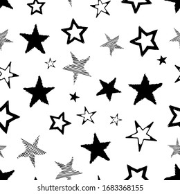 Seamless background of doodle stars. Black hand drawn stars on white background. Vector illustration
