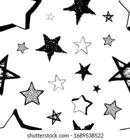 Seamless background of doodle stars. Black hand drawn stars on white background. Vector illustration