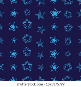 Seamless background of doodle stars. Blue hand drawn stars on blue background. Vector illustration